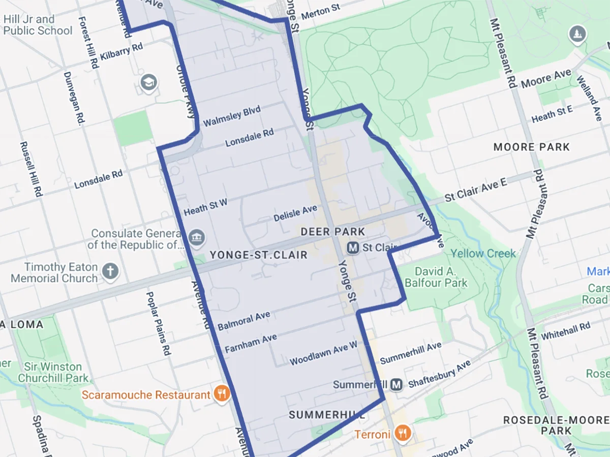 map of midtown Toronto showing Deer Park Residents Group area