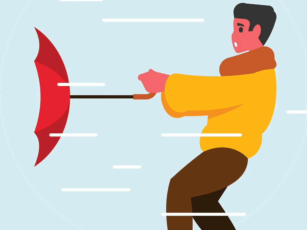 Illustration of man holding inside-out umbrella in wind