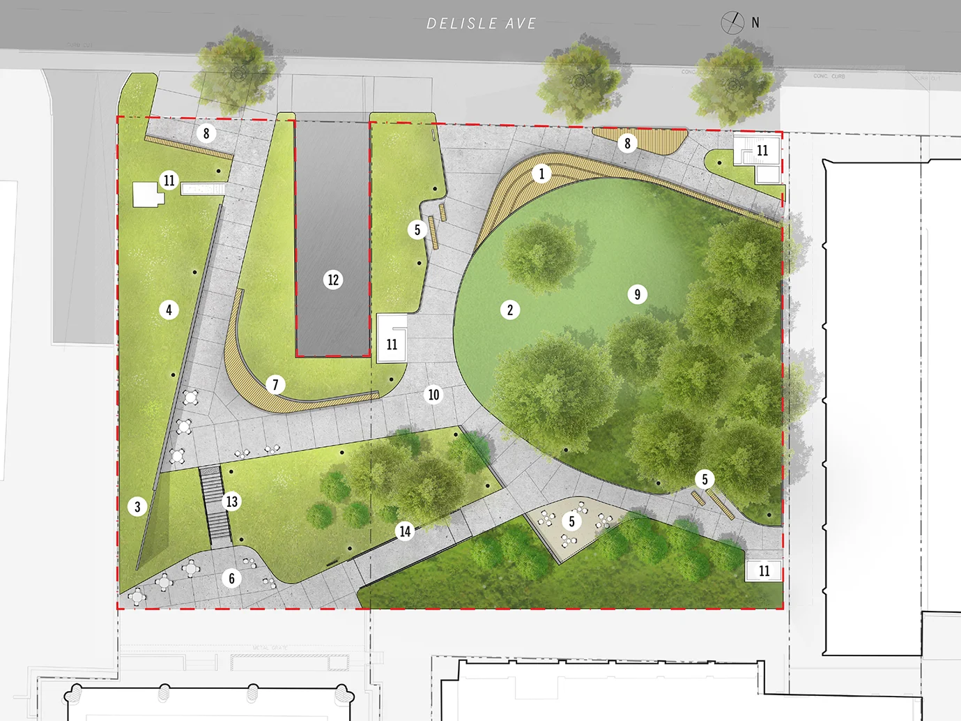 Plan of park showing green areas, trees and walkways