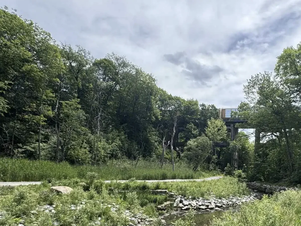 Stream bed in foreground with path beyond and trees and bridge in distance.