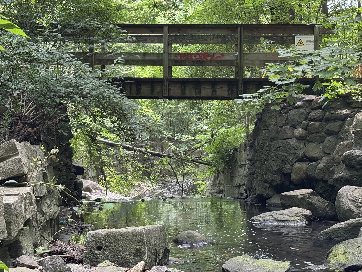 Wooden footbridge over creek with rock walls.