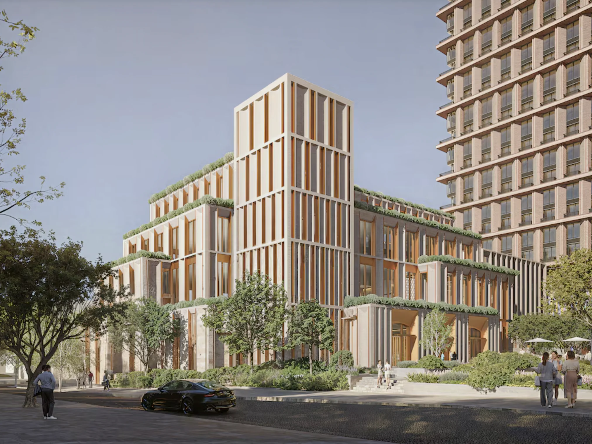 Rendering showing 5-storey proposed performing arts centre with entrance courtyard. Tall building in background