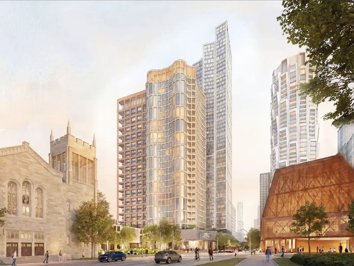 Rendering of stone church and street in foreground with tall buildings in background.